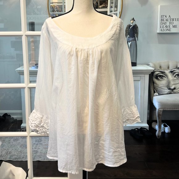 Zara Basic White Boho Sheer Lace Trimmed Top XL - Picture 1 of 8